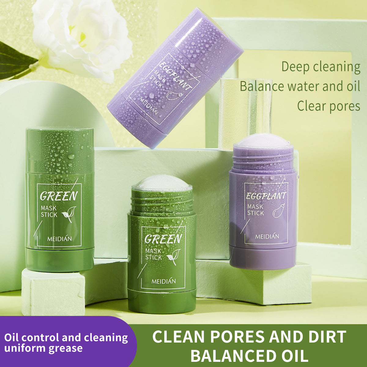 Cross-border popular charm point green tea solid mask deep cleansing, hydrating, oil control, pore shrinking smear-type mud mask stick